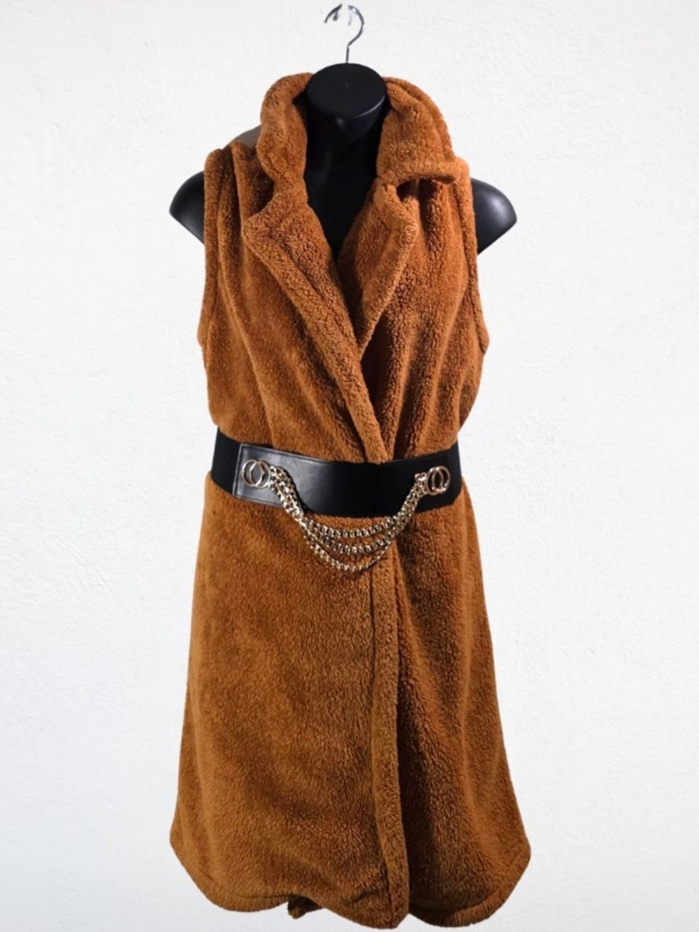Faux Shearling Sleeveless Coat Vest - Brown